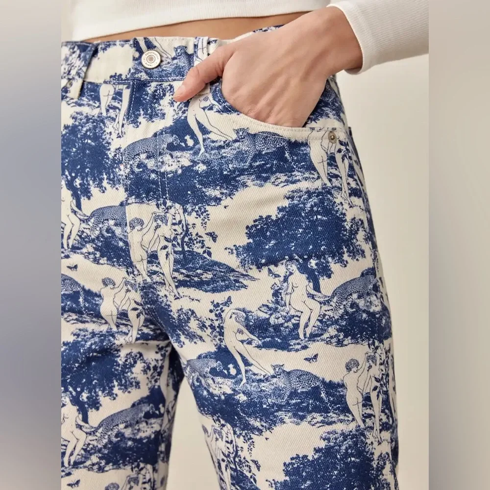 Reformation Pastoral High Rise Straight Jeans in Blue White Size‎ 25 - Picture 3 of 10